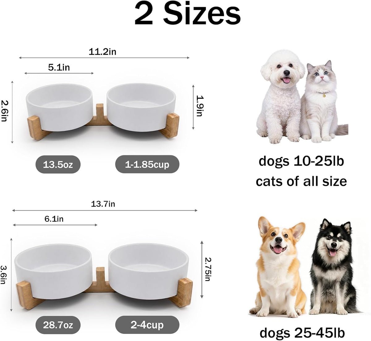 White Ceramic Pet Bowls with Wood Stand