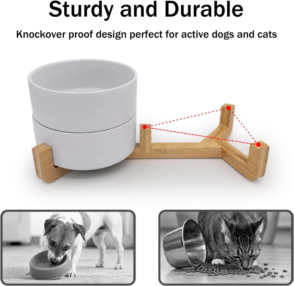 White Ceramic Pet Bowls with Wood Stand