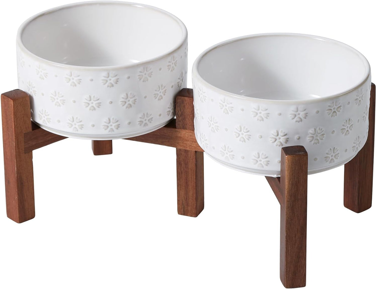 Raised Stoneware Pet Bowls, Acacia Stand