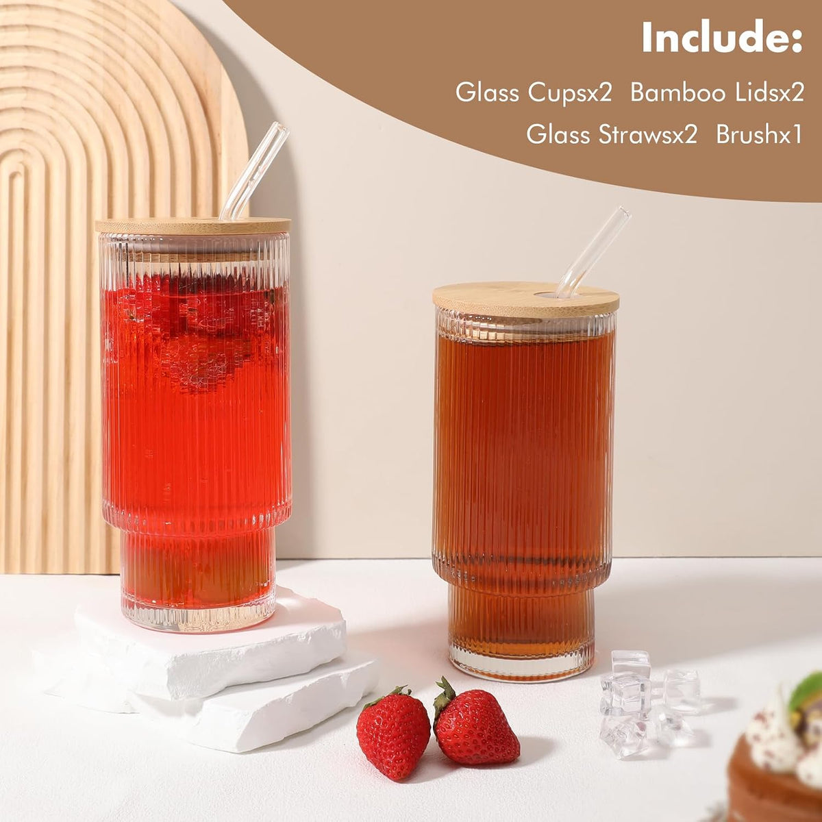 Ribbed Glass Cups with Bamboo Lids, Pair