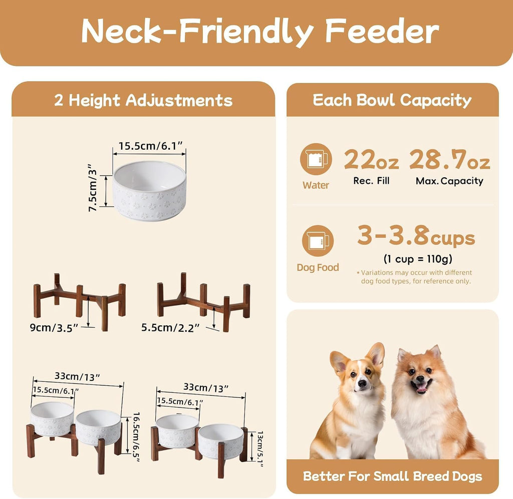 Raised Stoneware Pet Bowls, Acacia Stand