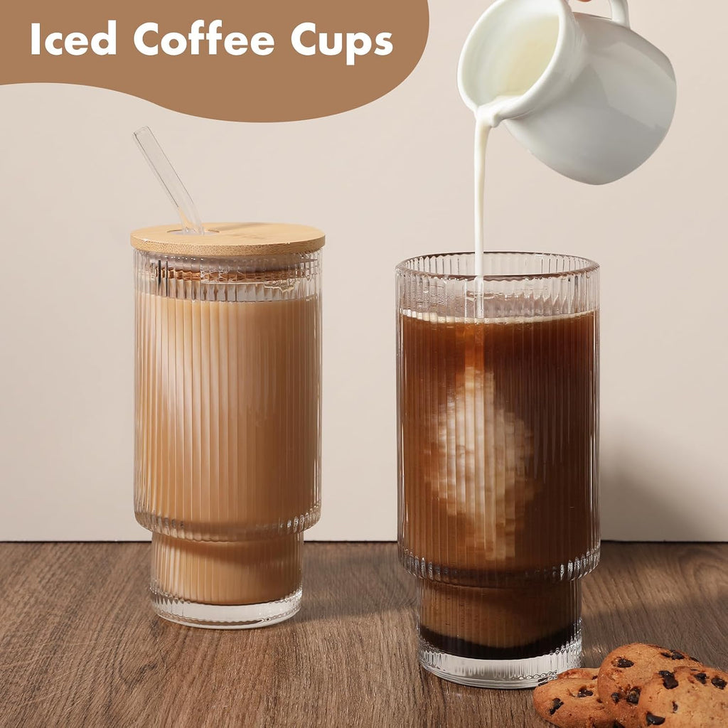 Ribbed Glass Cups with Bamboo Lids, Pair