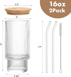Ribbed Glass Cups with Bamboo Lids, Pair