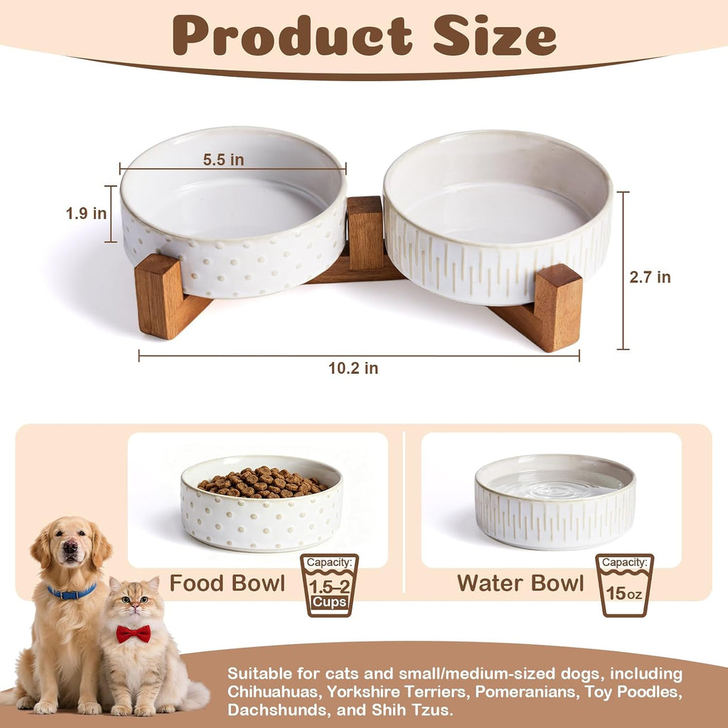 Ceramic Pet Bowls on Acacia Stand