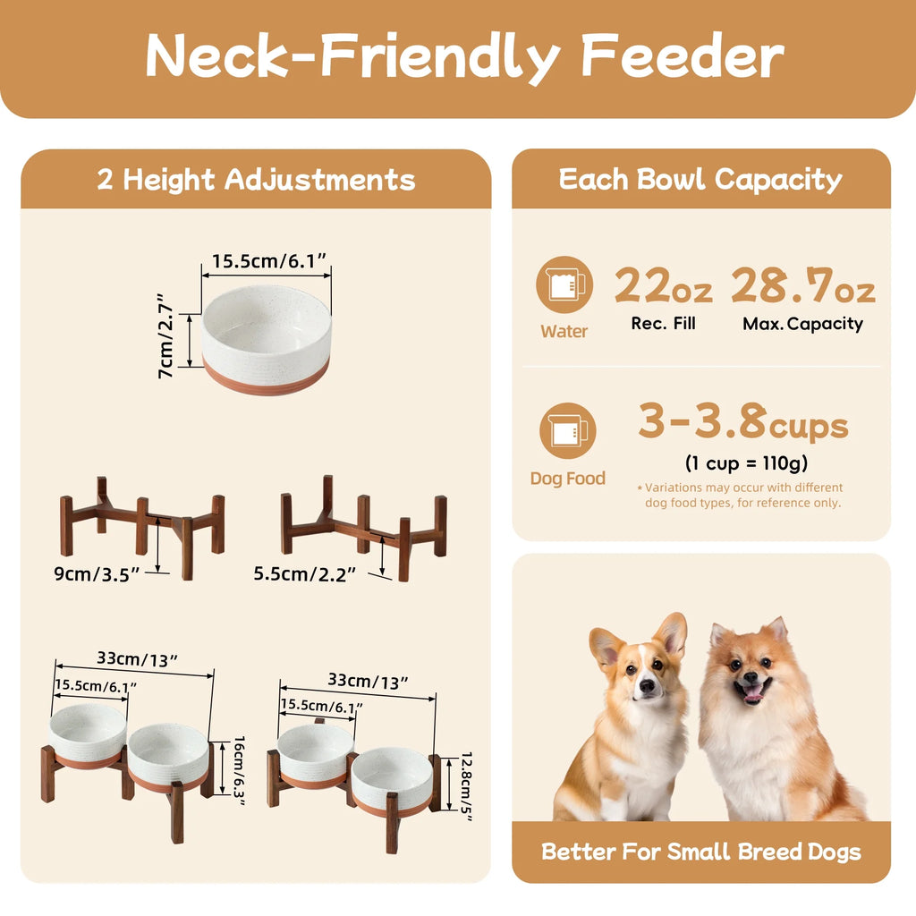 Raised Ceramic Pet Bowls, Acacia Wood
