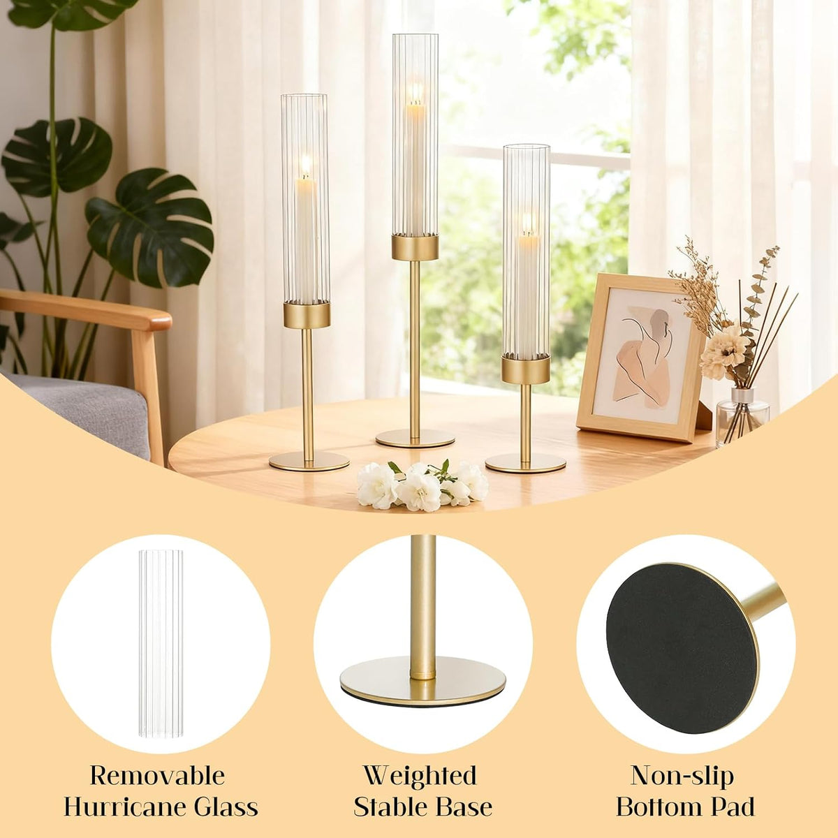 Fluted Glass Hurricane Candle Holders, Set of Three