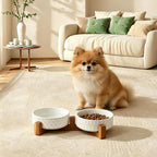 Ceramic Pet Bowls on Acacia Stand