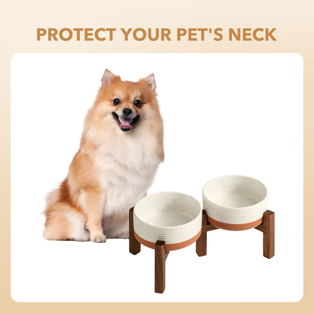 Raised Ceramic Pet Bowls, Acacia Wood